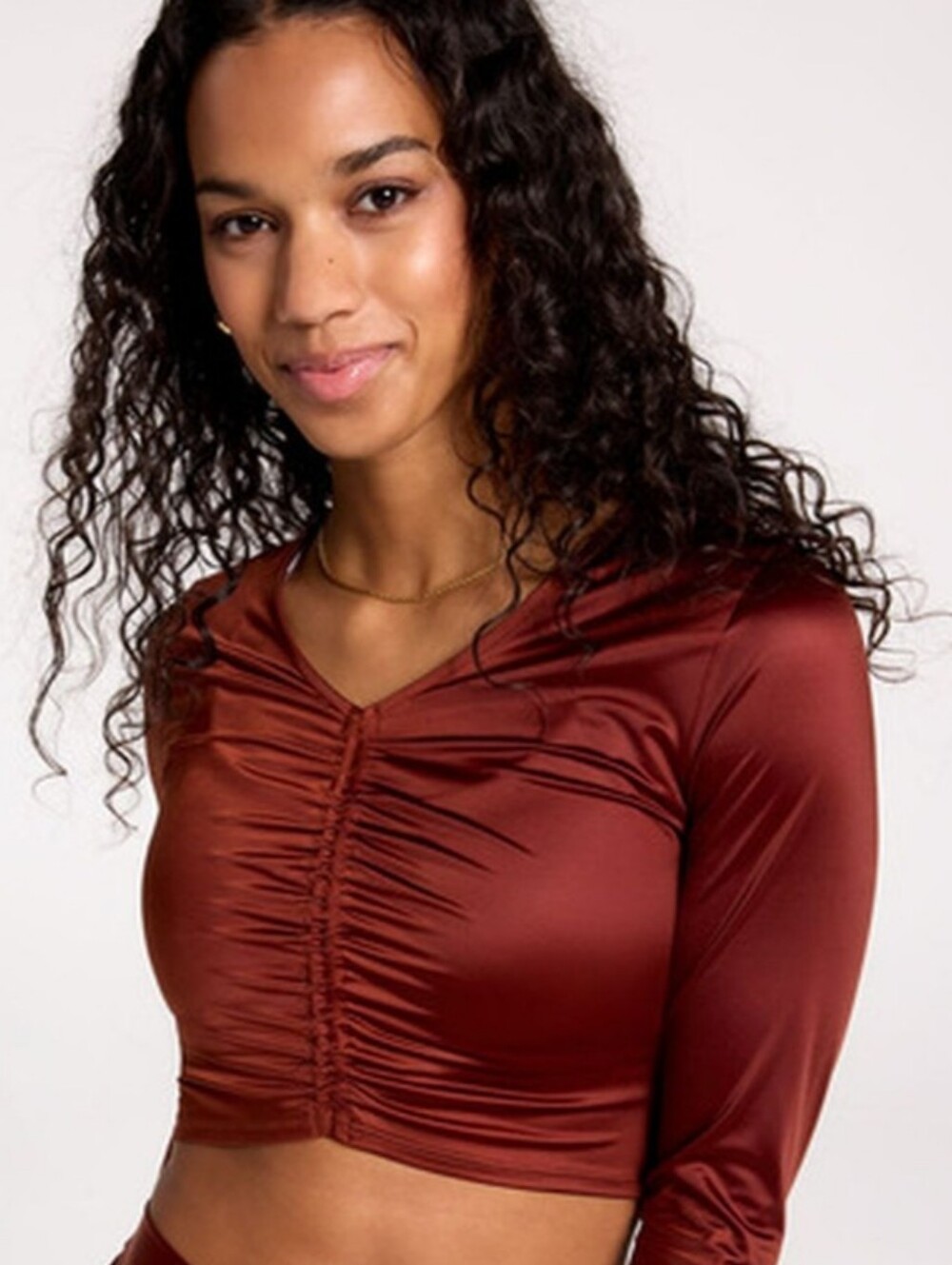 CALIA by Carrie Underwood Red Rust Brown Ruched Long-Sleeve Crop Top Size Sm New